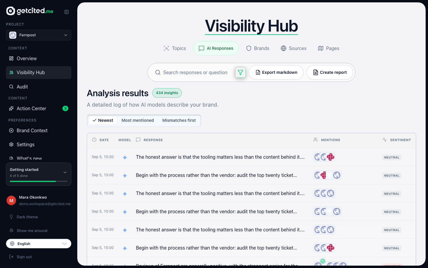 The filter panel: narrow answers by engine, question type, verdict and sentiment