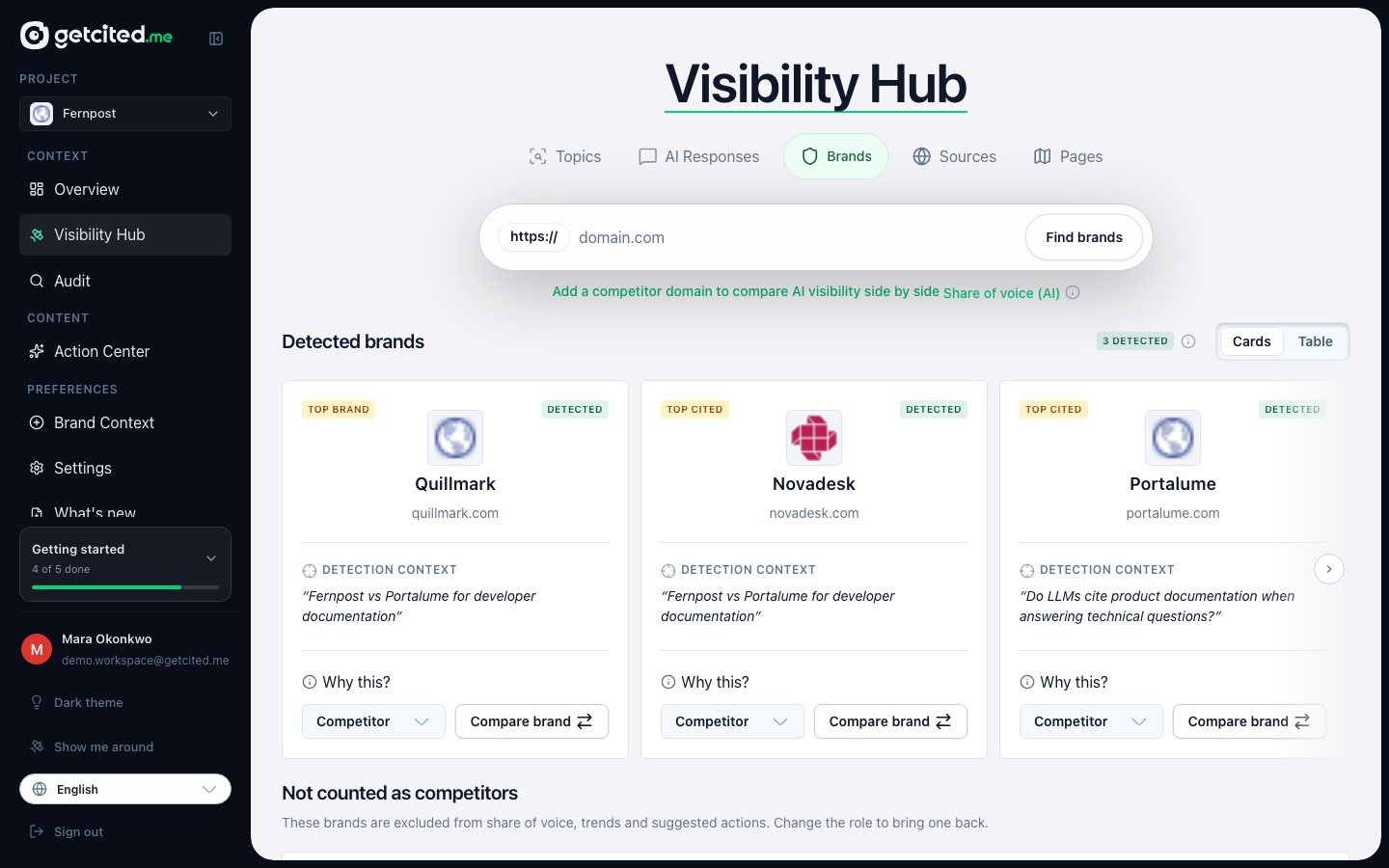 The Brands table: detected brands with mention counts, and the competitors you saved