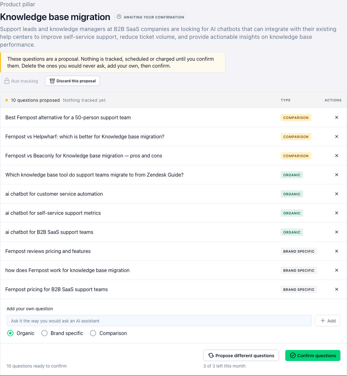 A topic in the draft state: the awaiting-confirmation badge, the proposed questions and their types