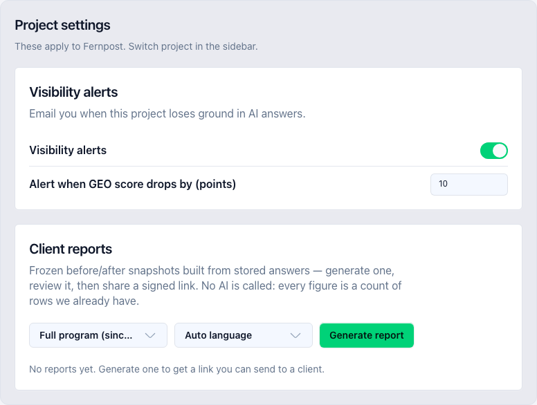 The project-scoped group on the Account tab: visibility alerts and client reports