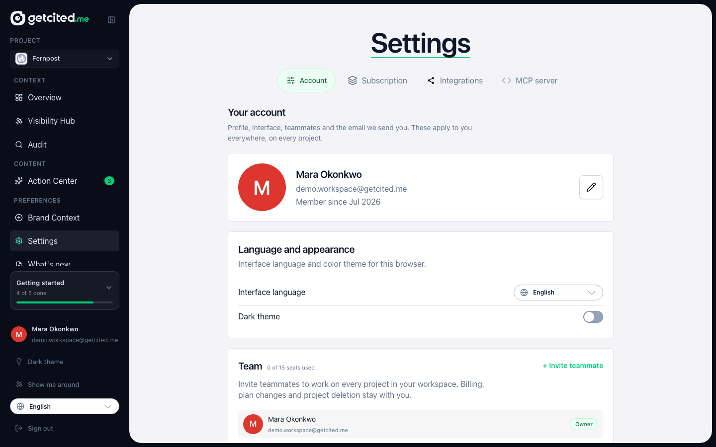 The Settings screen with its four tabs, opened on Account