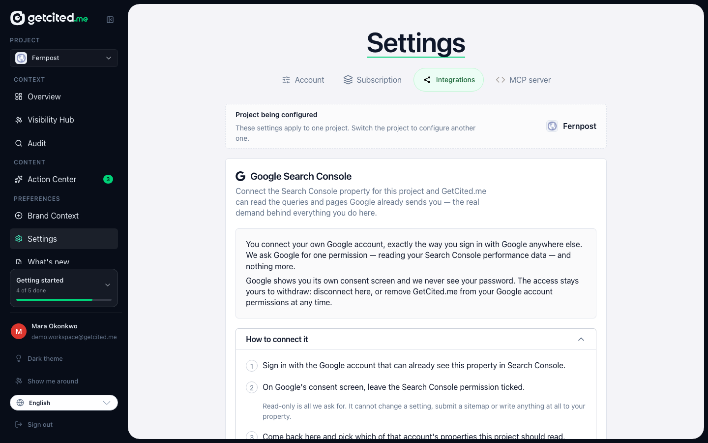 The Integrations tab, where Search Console is connected