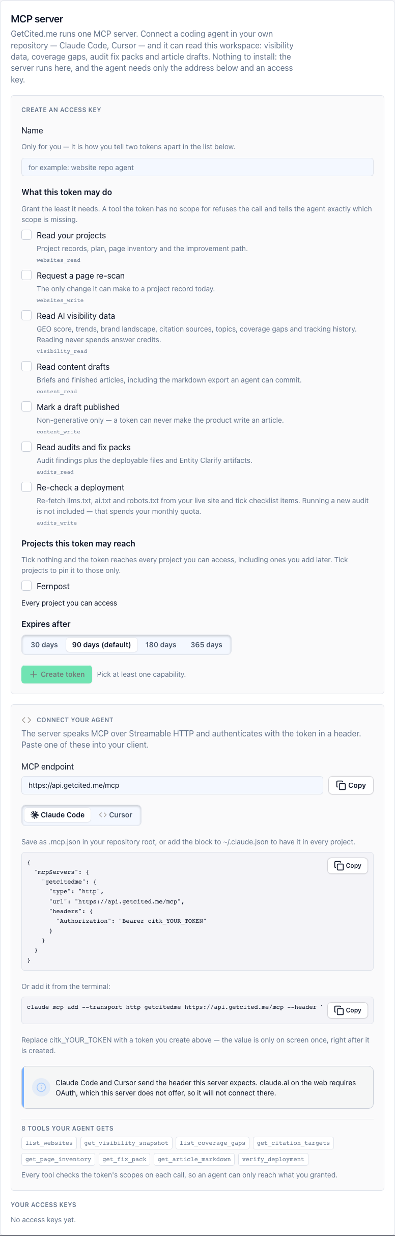The MCP server tab: access keys, scopes and the client config