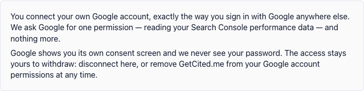 The card's own statement of scope: your Google account, one read-only permission, revocable by you