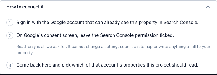 The same three steps on the Integrations tab, open before you connect
