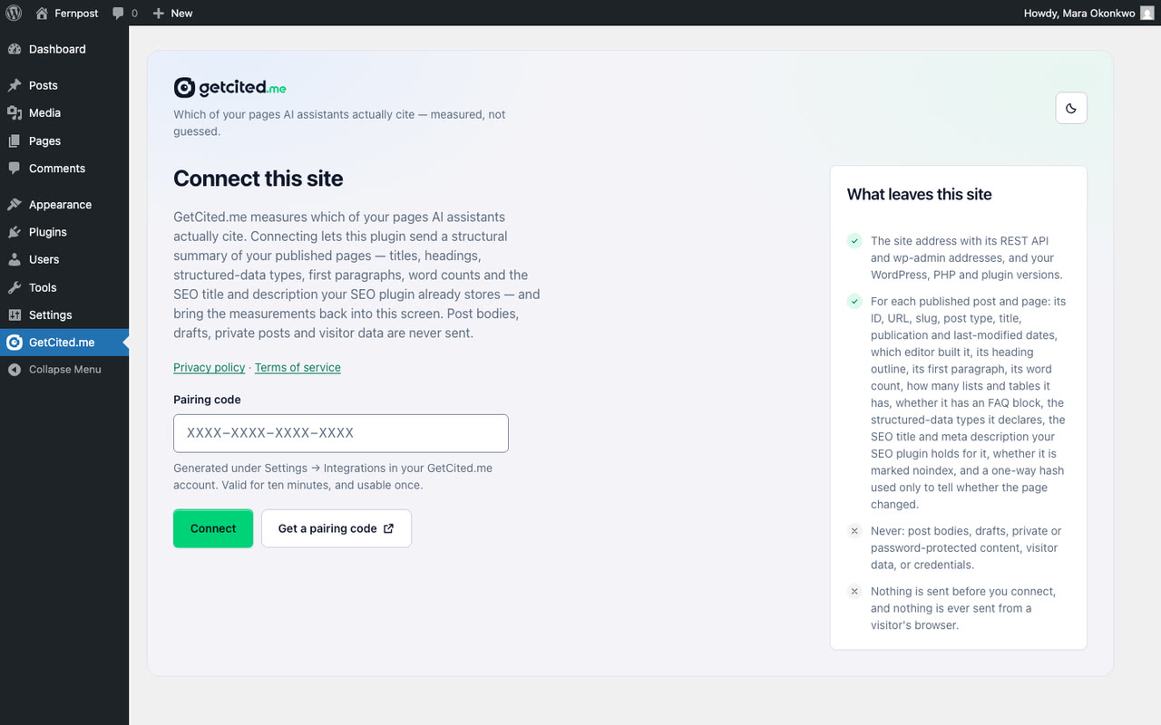 Pairing: one code, ten minutes, one site.